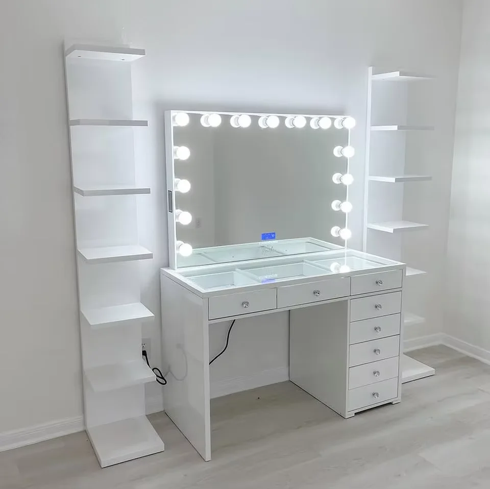 *White Modern Wood Panel Vanity Table with LED for Mirror Drawers and Charging Station for Small Bedroom & School 3