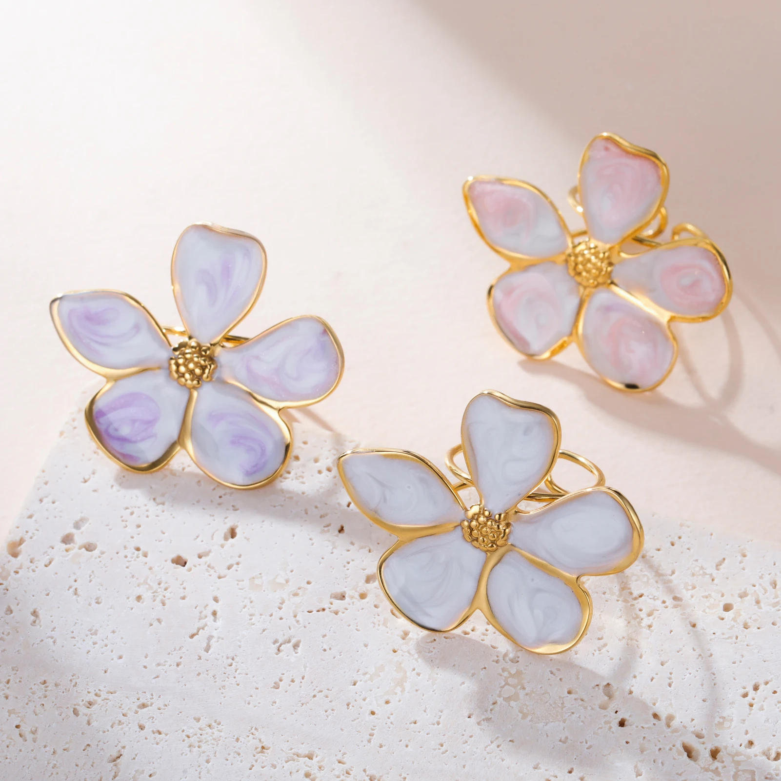 Verstellbare Emaille-Blumenringe für Frauen und Mädchen, Edelstahl Offene Ringe, Wasserfester Schmuck, Party- und Valentinstag-Geschenke