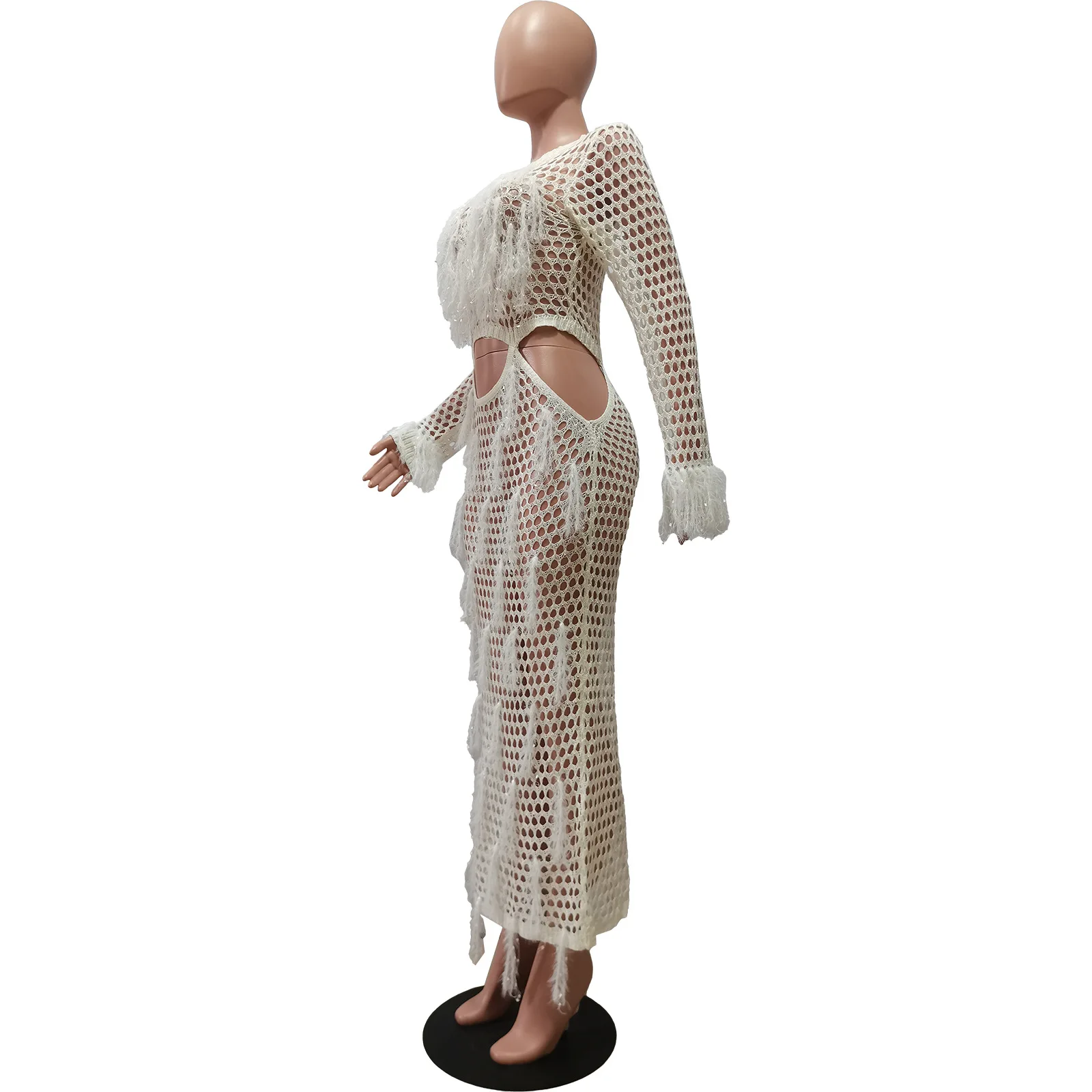 새로운 여성 캐주얼 스팽글 비치 스커트 A라인 롱 드레스 프린지 컷아웃 라운드 넥 미드웨이스트 롱 슬리브 단색 출퇴근용