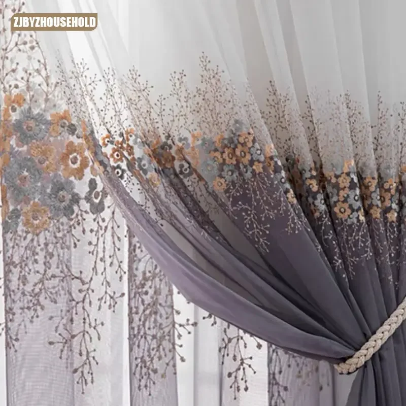 

Coffee/Blue Flowers Embroidery Curtains for Living Dining Room Bedroom Tulle Grace Gradient Yarn/Gauze Balcony Kitchen