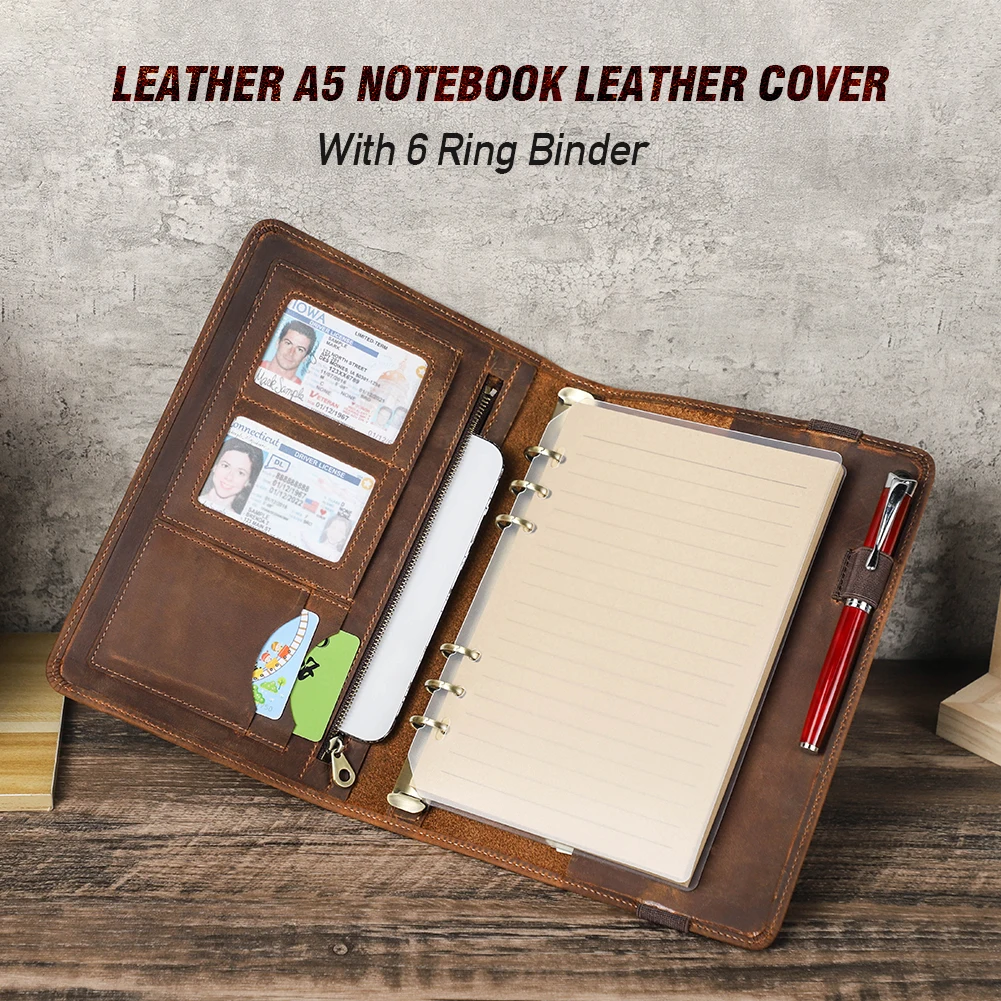 Luxury Retro Business A5 Notebook Leather Cover Portfolio with 6 Ring Binder Paper Pen Ipad Mini Holder Card Slots Travel Case