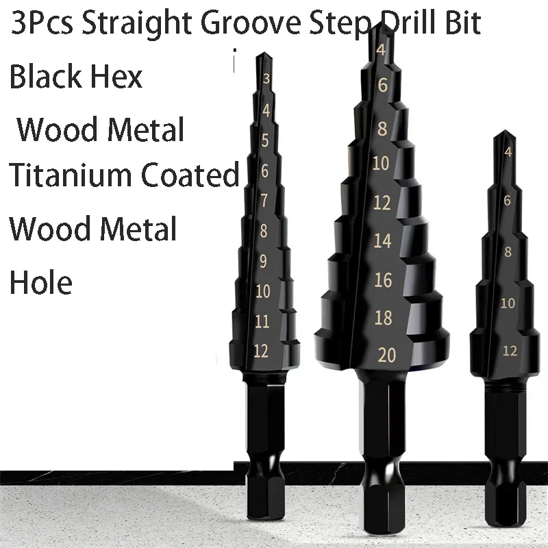 3Pcs HSS Straight Groove Step Drill Bit Hex Wood Titanium Coated 3-12mm 4-12mm 4-20mm Hole Cutter Core Drilling Bit Tools Set