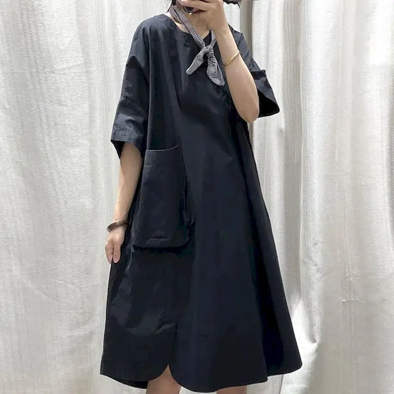 French Vintage Style Dress Women Fashion Design Loose Oversized Dresses Casual Slim A-line Short Sleeve Dress 2024 Summer Trend