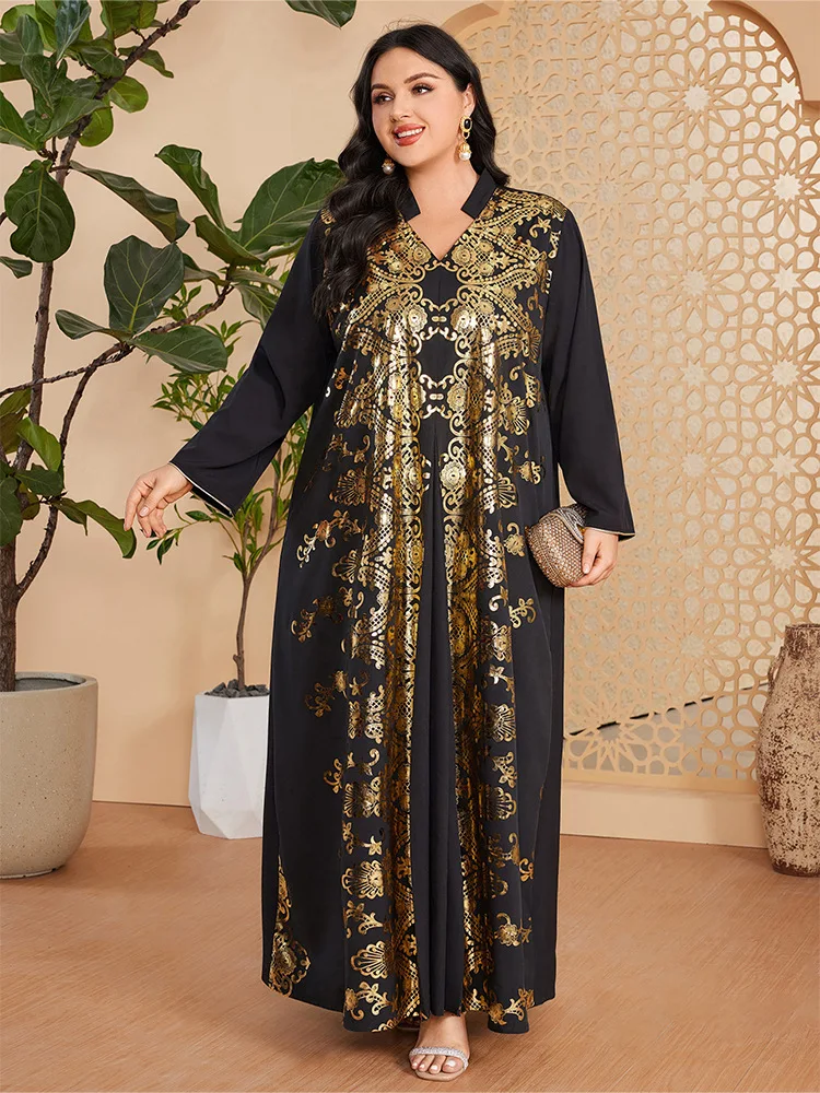 Muslim Arab Female Loose Casual Retro Ethnic Printing Black V-Neck Full Sleeve Clothing Abaya Women Dubai Long Dress Plus Size