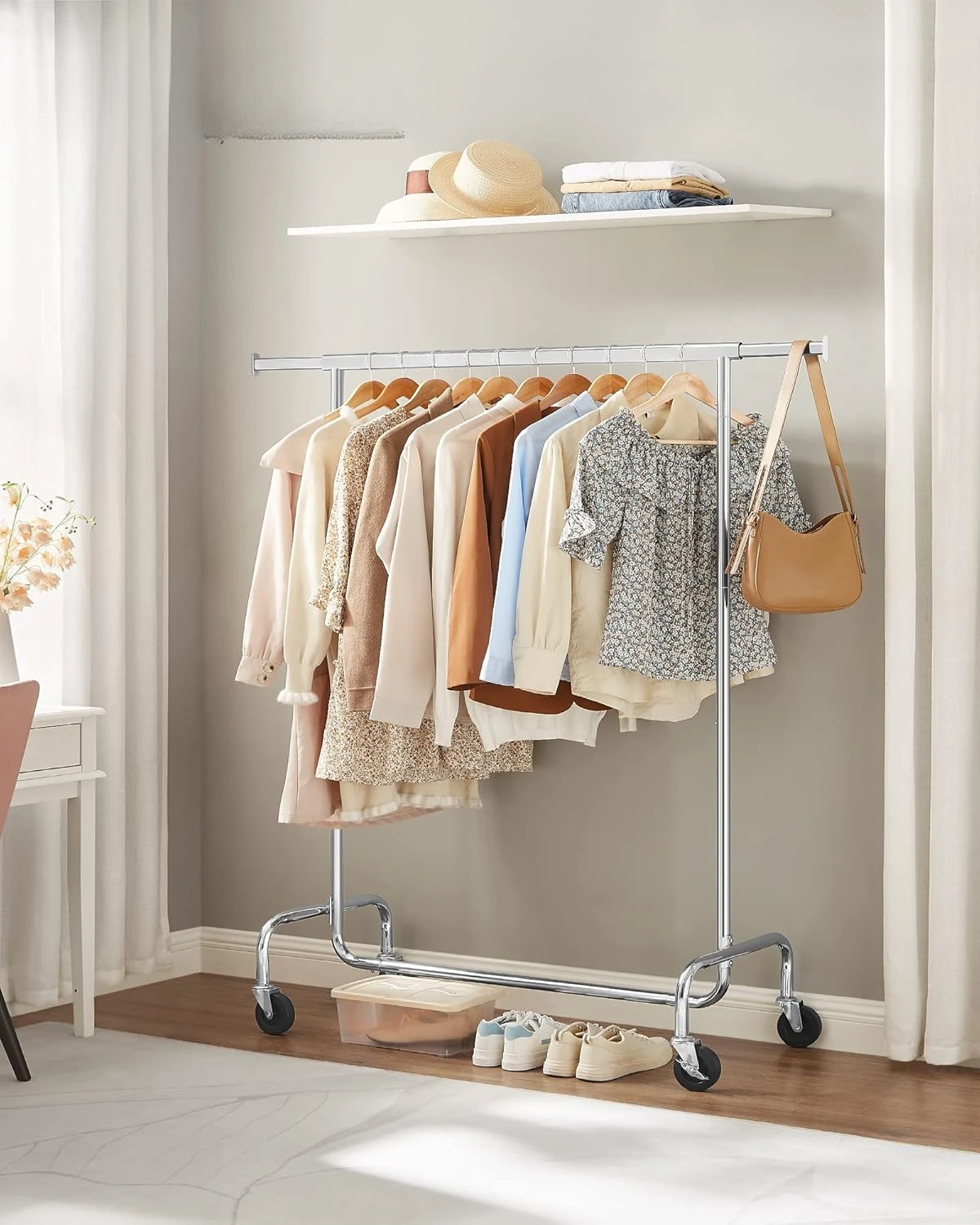 Clothes Rack with Wheels, Heavy-Duty Garment Rack with Extendable Hanging Rod,  Load Capacity