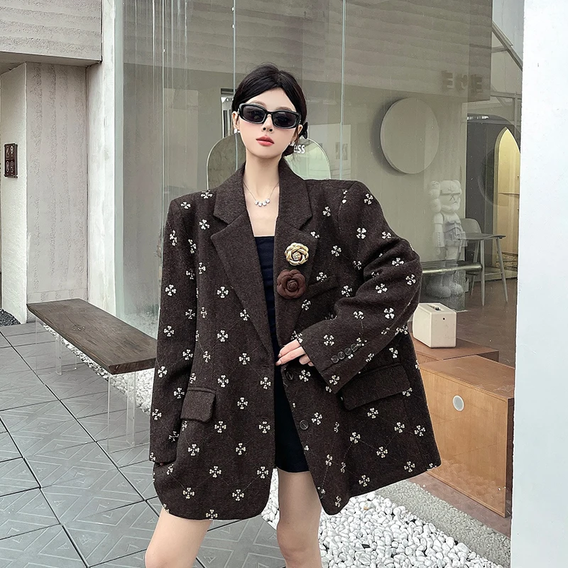 

SuperAen Korean Style Women's Autumn and Winter New Three-dimensional Decoration Flowers Beaded Sequined Woolen Coat