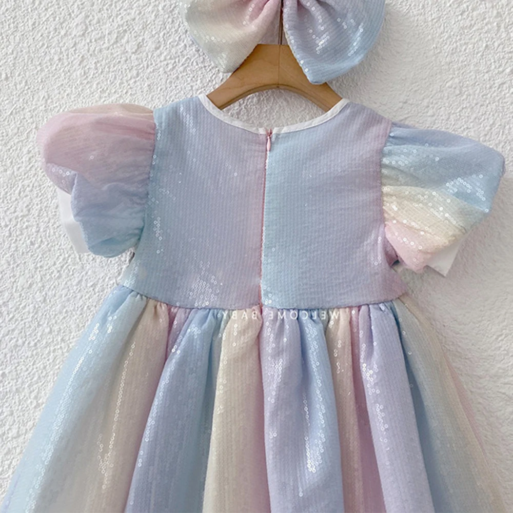 Bear Leader Fashion Rainbow Sequins Girl Dress Birthday Party Wedding Girl Dresses Kids Clothes Summer Ball Gown Dress Vestidos