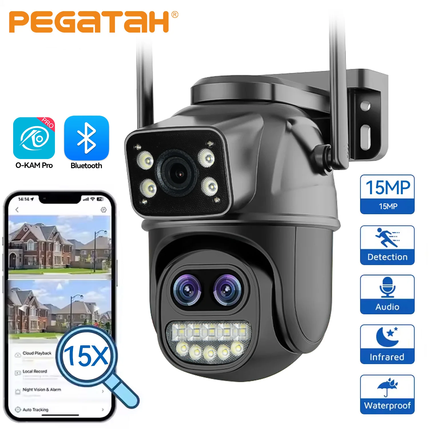 15MP WiFi Surveillance Camera, Three Lens , 10X Digital Zoom, Color Night Vision, AI Human Detect, Outdoor Security PTZ IP Cam