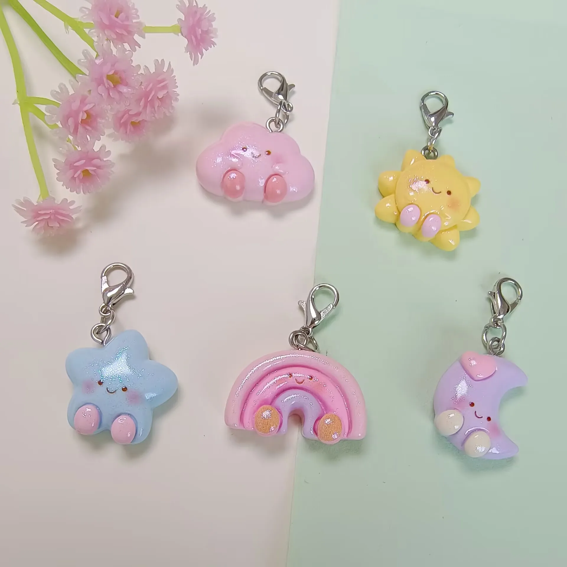 Kawaii Handmade Resin Charms Celestial Theme Pendants with Lobster Clasp for Keychain Backpack Accessories Gift