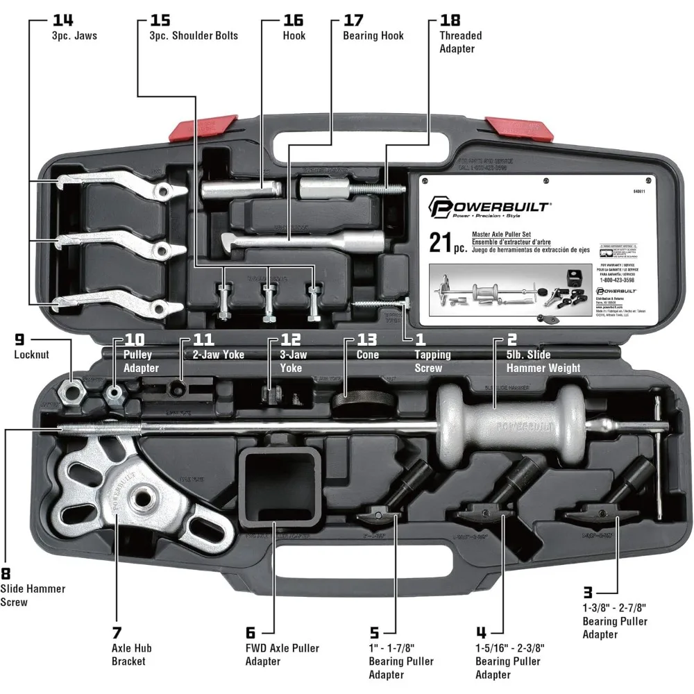 Powerbuilt 21-Piece Master Axle Puller Set for Car Bearing and Seal Removal - Vehicle Repair Tool Kit