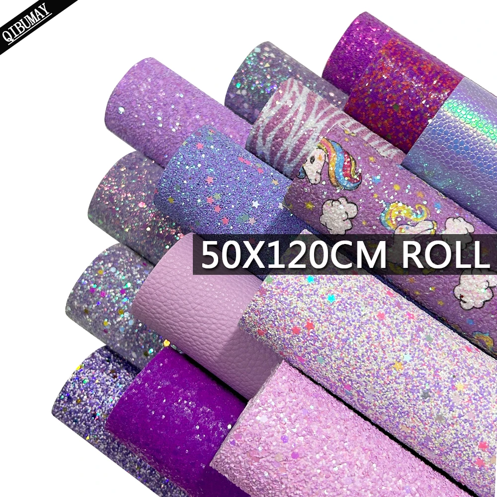 QIBU 50x120cm Wholesale Chunky Glitter Fabric Purple Synthetic Leather Rolls DIY Hairbow Accessories Crafts Materials Decoration