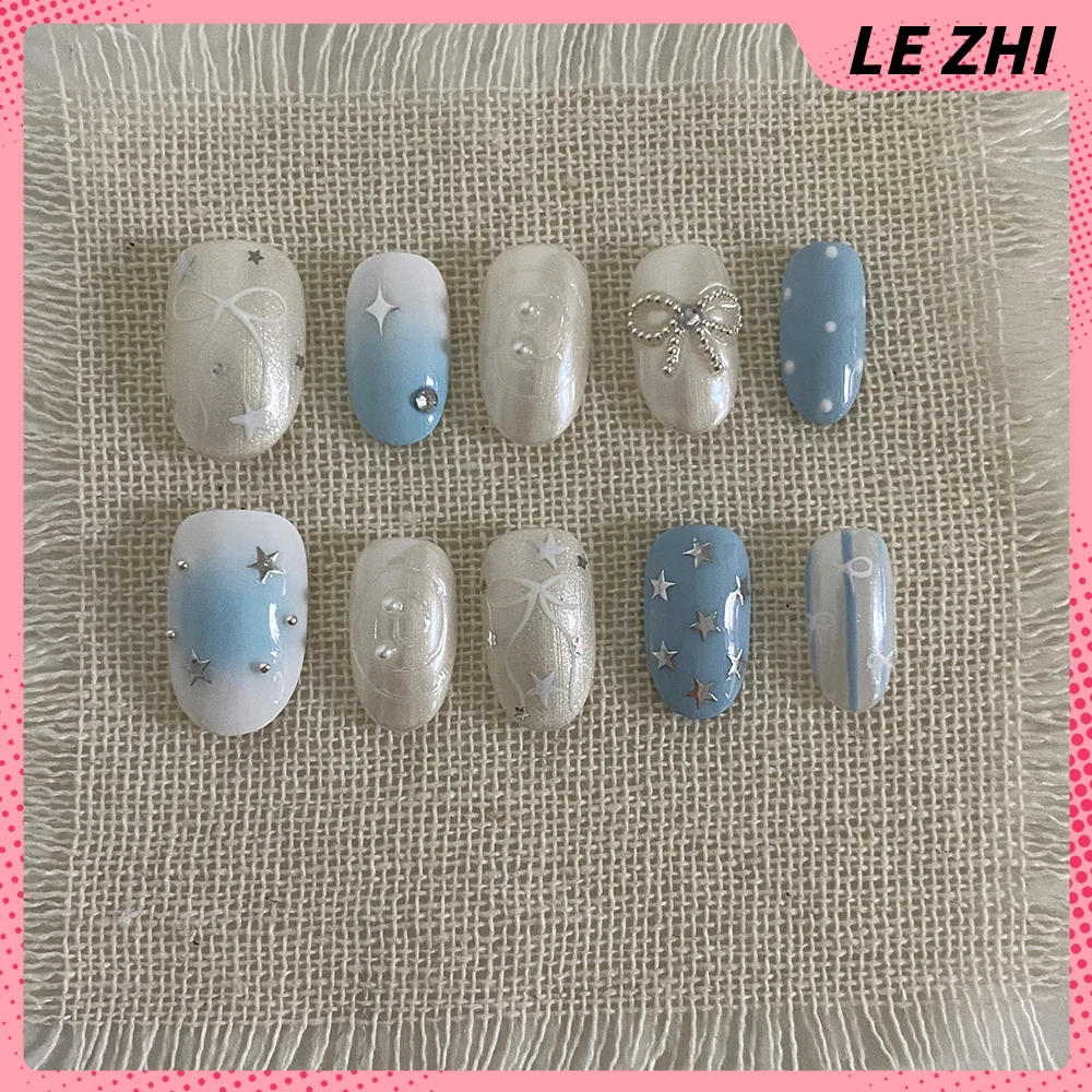 اللوز مربع الفرنسية البساطة اضغط على رسومات أظافر البولكا نقطة ستار القوس أجنحة Y2K ريترو 10 قطعة الأظافر اليدوية للتخصيص شكل