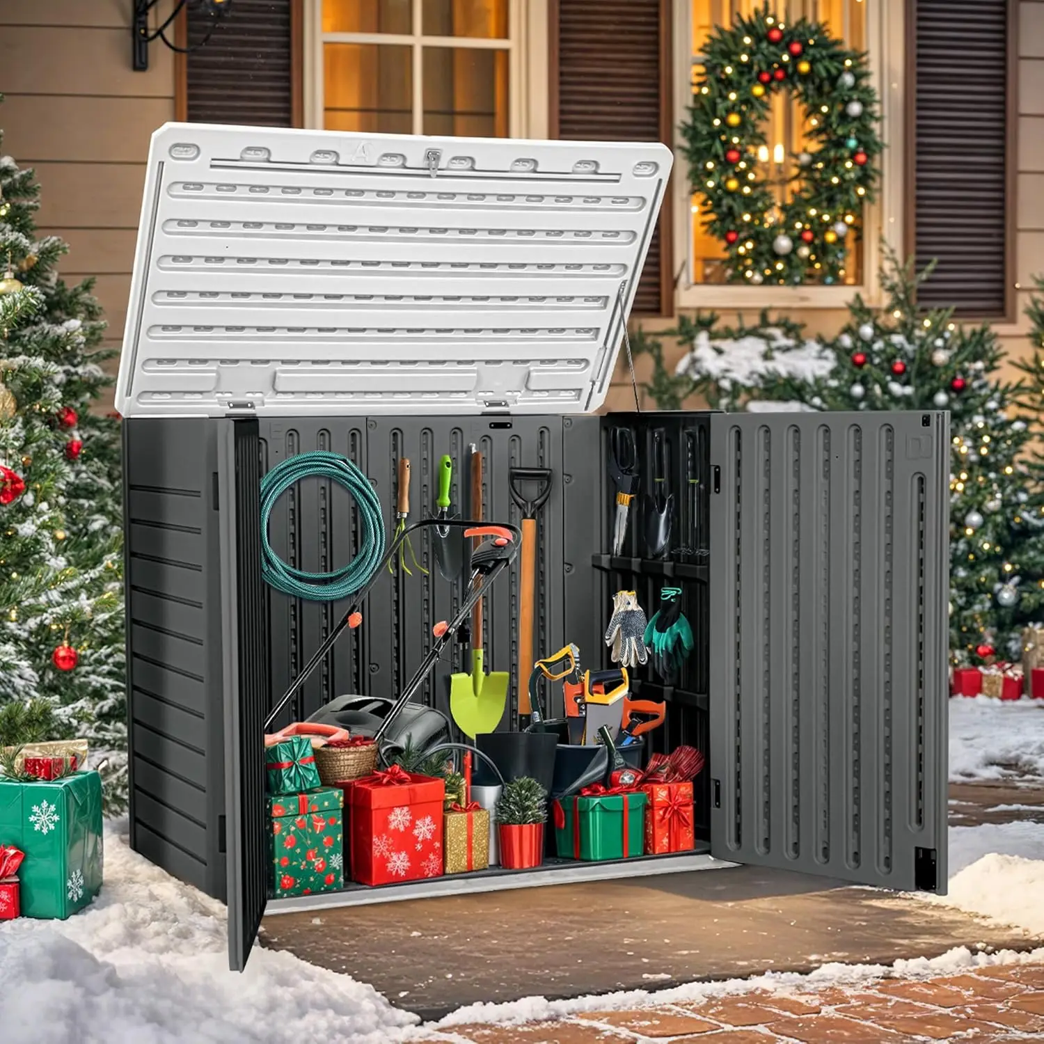 Outdoor Resin Storage Sheds 39 in Height Lockable Waterproof Horizontal Shed W/o Shelf Easy To Assemble Dark Gray