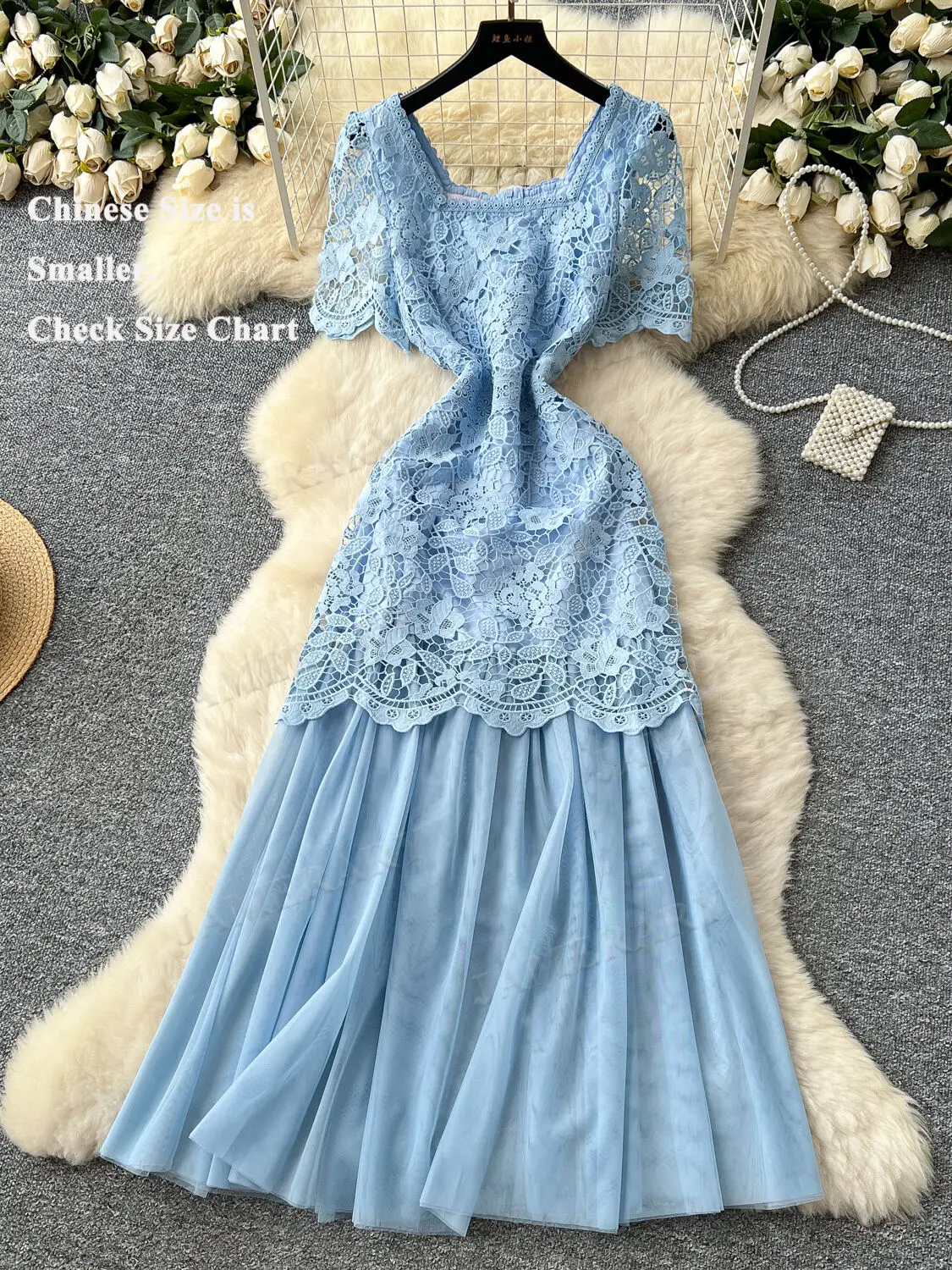 Damska Letnia Sukienka Midi z Siateczki, Koronki i Haftu, z Krótkim Rękawem, Wycięciami, na Bal, Wieczór, Imprezę, Sukienki Vestidos, Markowy Design