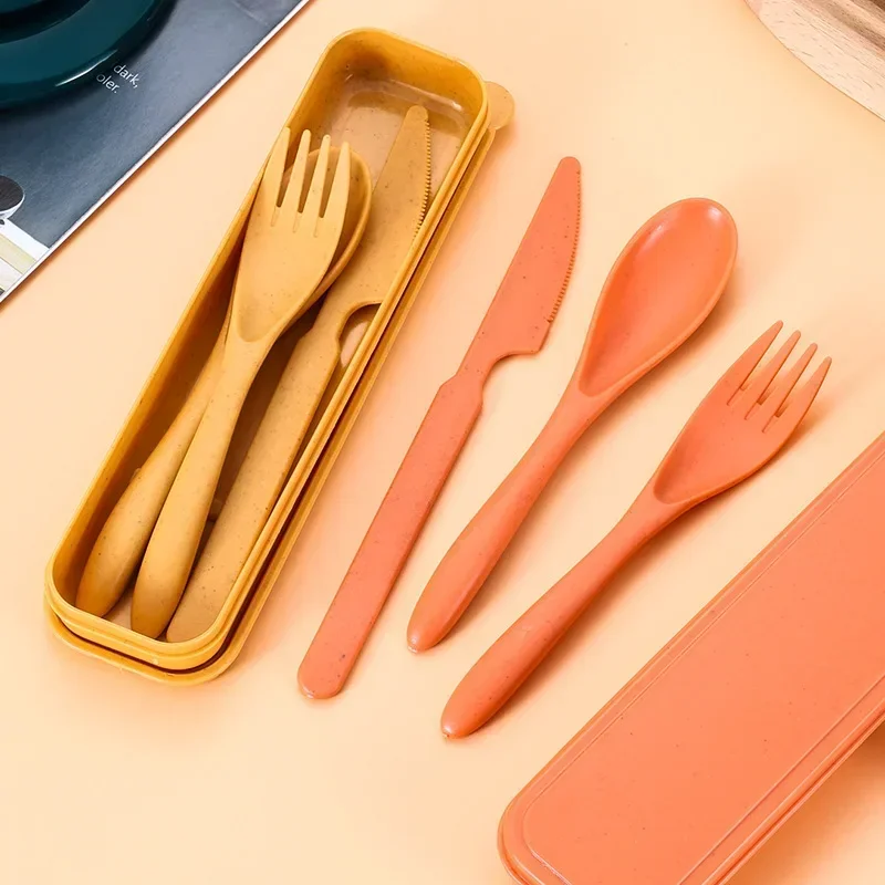 3PCS Spoon Fork Knife Cutlery Set Wheat Straw Portable Travel Lunch Tableware with Box Students Dinnerware Kitchen Accessories