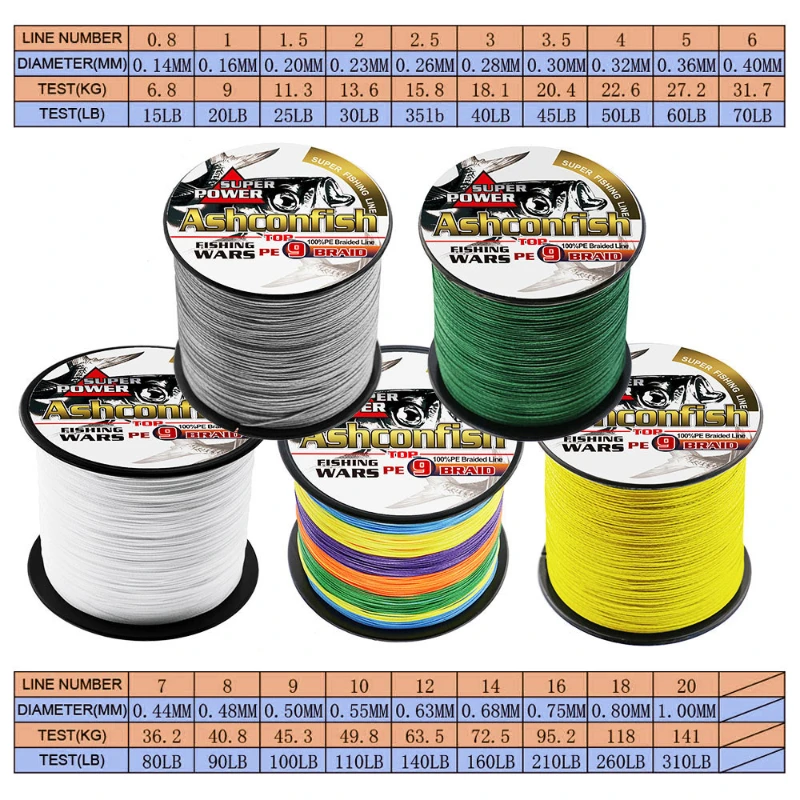 Ashconfish 9 Strands Round PE Fishing Line 100M 300M 500M Multifilament Fishing Wire 15-90LB Saltwater Sea Fishing Cords