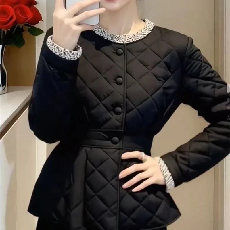 New Winter Jacket Small Fragrant Style Black Diamond Patterned Cotton Coat Top Waist Cinching Temperament Warm Outerwear Female