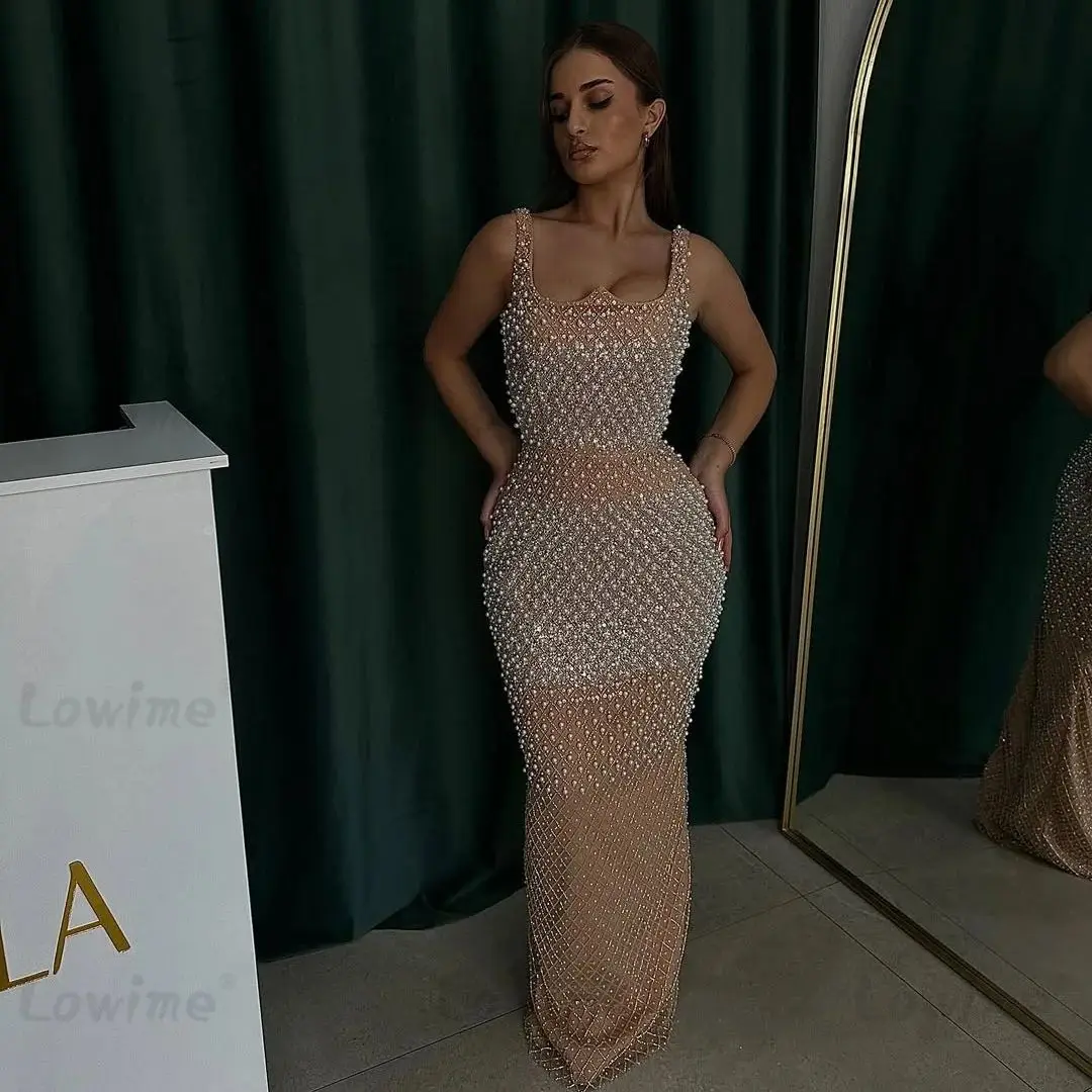 Newest Designer Pearl Beaded Evening Dresses Floor Length Women Prom Gowns For Woman Wedding Party 2025 Customized Arabic Dress