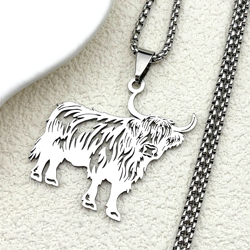 المرتفعات البقرة لطيف قلادة قلادة للنساء الرجال الفولاذ المقاوم للصدأ الفضة اللون الحيوان رقيق الشعر مزرعة الجوف سلسلة مجوهرات هدايا #4