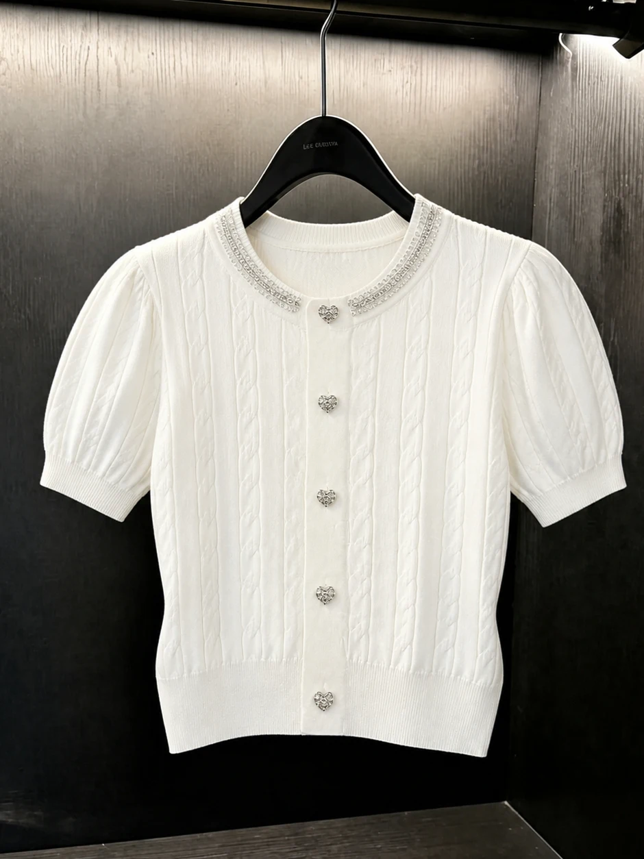 

Korean Style Commute Short Sleeve Knitted Top Heavy Embellishment Single Button Light Maturity Summer Shirt Straight Cut