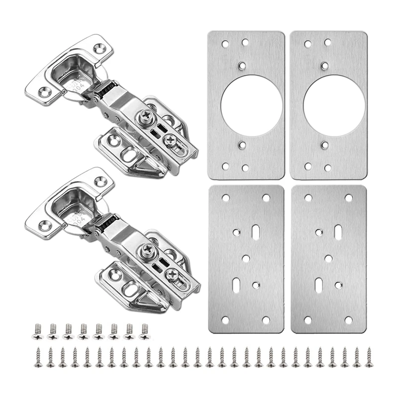 4Pack Cabinet Hinge Repair Plate With 2Pack Full Overlay Soft Closing Cabinet Hinges-Hinge Repair Kit Plate For Cabinet Durable