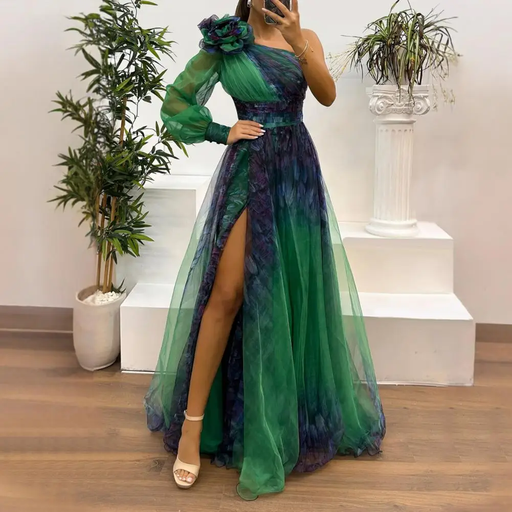 2024 Womens Evening Dress One Shoulder Pleated Pleated Mesh Single Long Sleeve Slim Waist A-line Floor Length Slit Banquet Dress