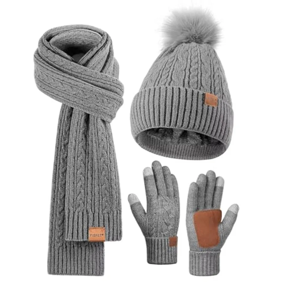 

Winter Beanie Hat Scarf Gloves Set for Women Pom Pom Beanie Fleece Lined Knit Neck Warmer Touchscreen Gloves 3 in 1 Gift Set