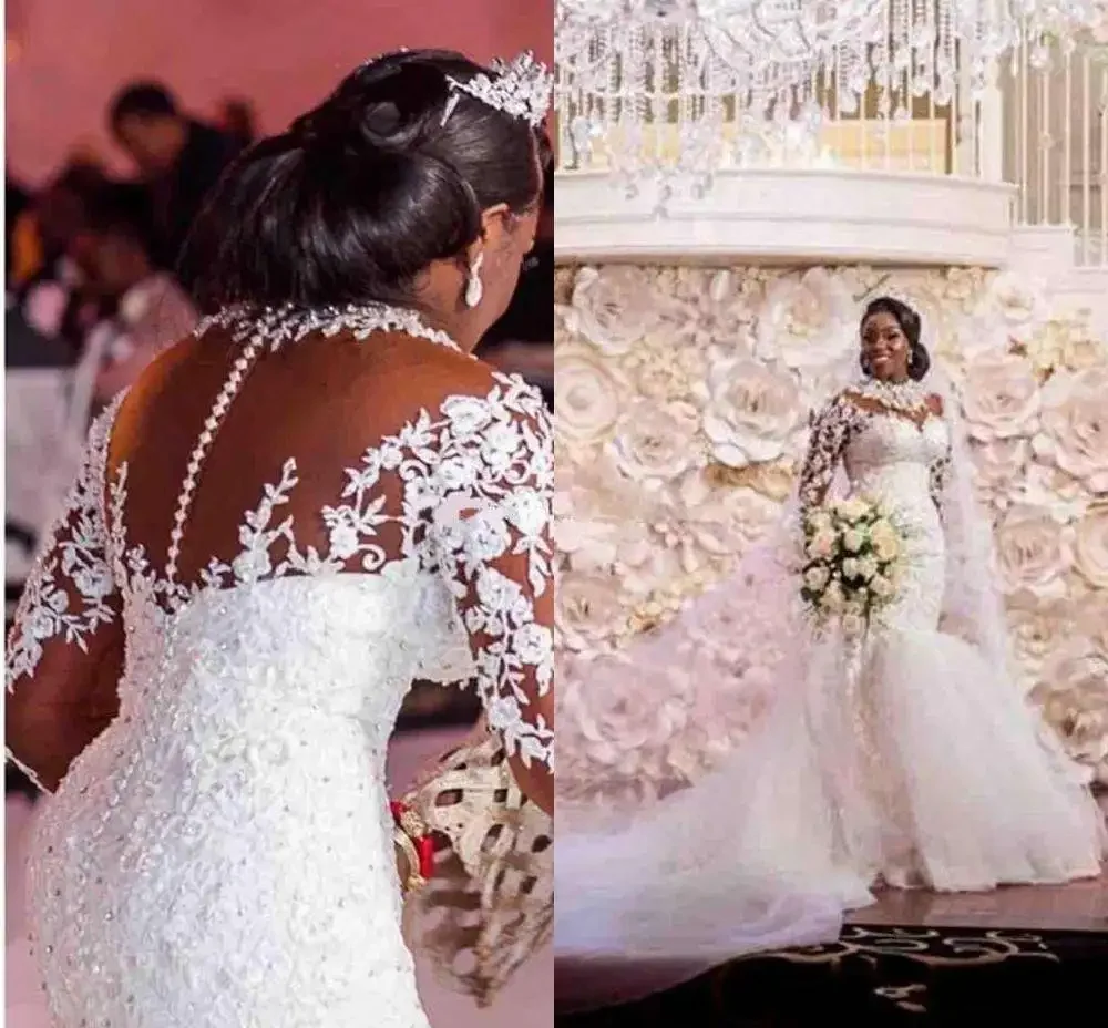 Apliques De encaje personalizados, Mangas completas, Vestidos De novia De sirena con cuentas, Vestidos De novia hechos a medida, Vestidos formales De talla grande De Mar