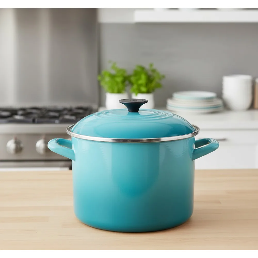 

6 Quart Enameled Steel Stockpot with Lid - Fast Heating, Durable & Colorful for Home Cooking