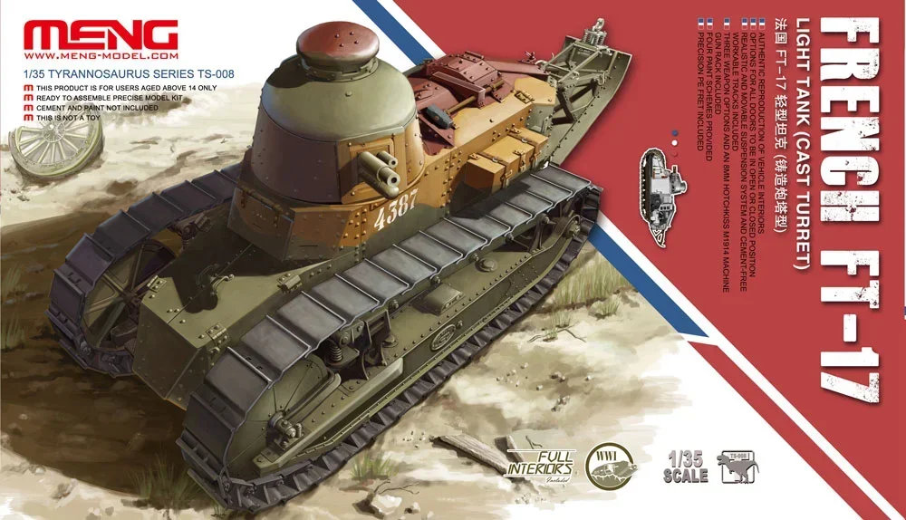 MENG Military Assembly Tank Model Kit TS-008 French FT-17 Light Tank (Cast Turret) 1/35