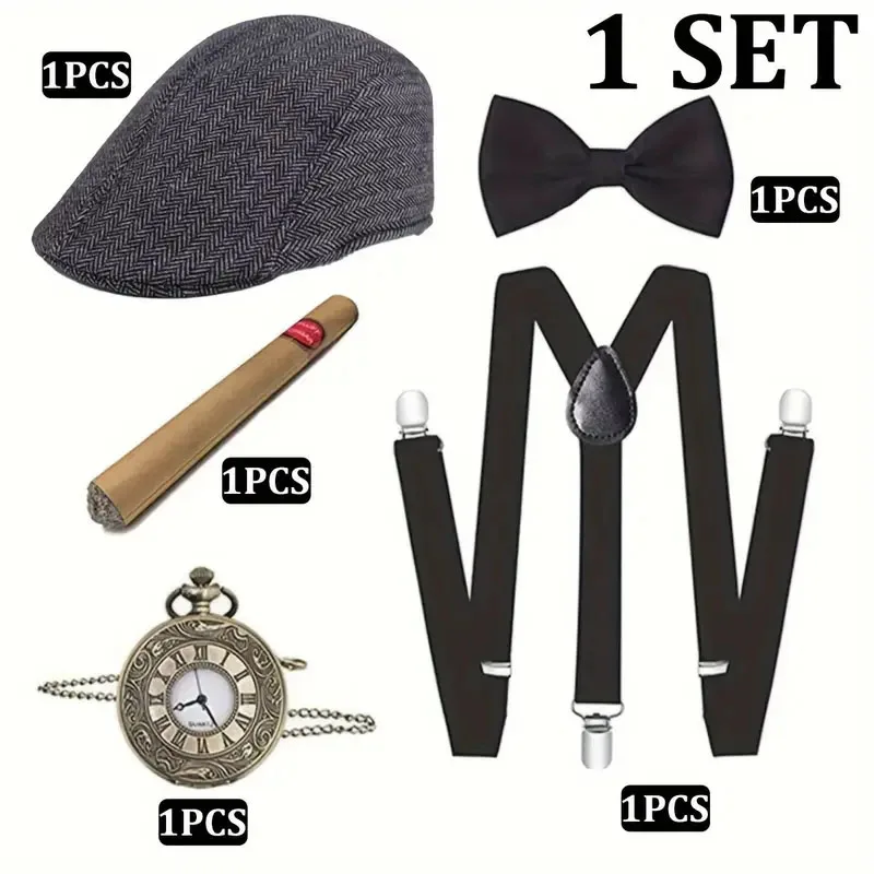 Zestaw akcesoriów do kostiumów gangsterskich z lat 20. XX w. dla mężczyzn - zestaw do makijażu Gatsby z zegarkiem kieszonkowym w stylu vintage, regulowany