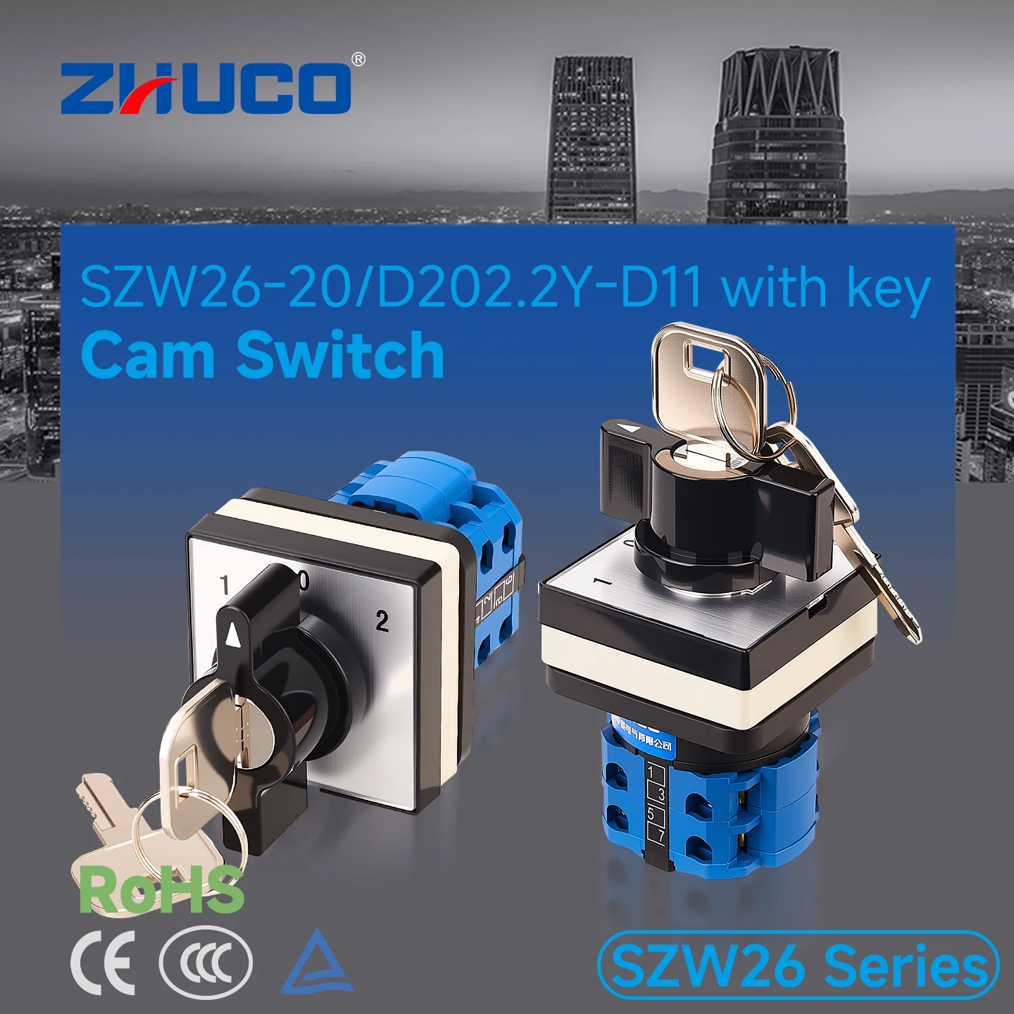 Zhuco 2/3 Position Selector Switch 20A 690V, 8-Terminal Universal Rotary Cam Selector with Locking Switch, Suitable for Distribution Cabinets, Machine Tools, Industrial Panels (Szw26-20/Y-D11, on Off On, on Off, on on)