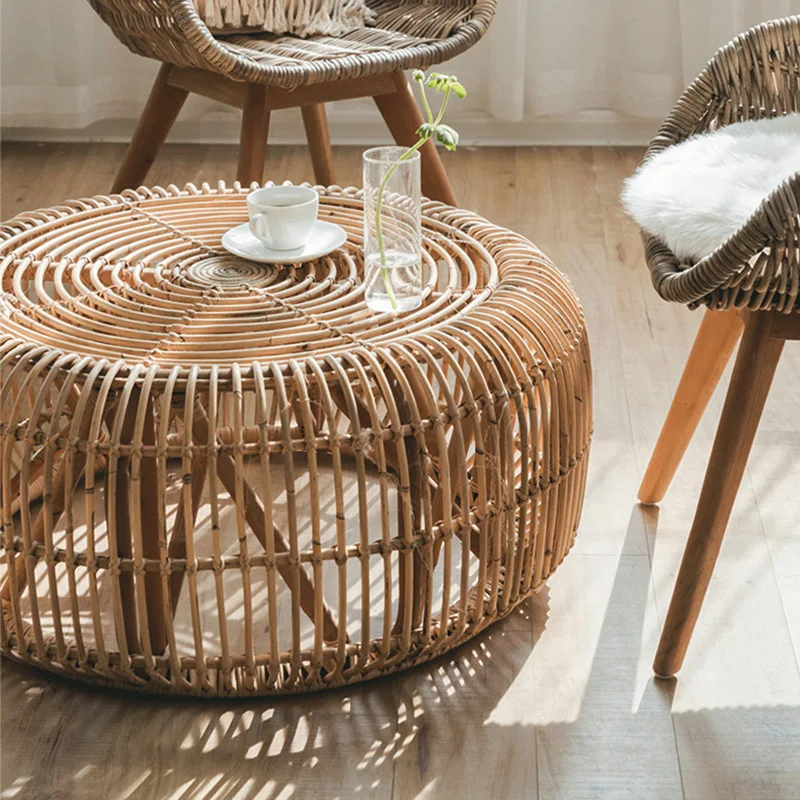 Japanese Rattan Living Room Furniture Coffee Table Small Apartment Restaurant Side Tables Homestay Balcony Sofa Round Tea Table