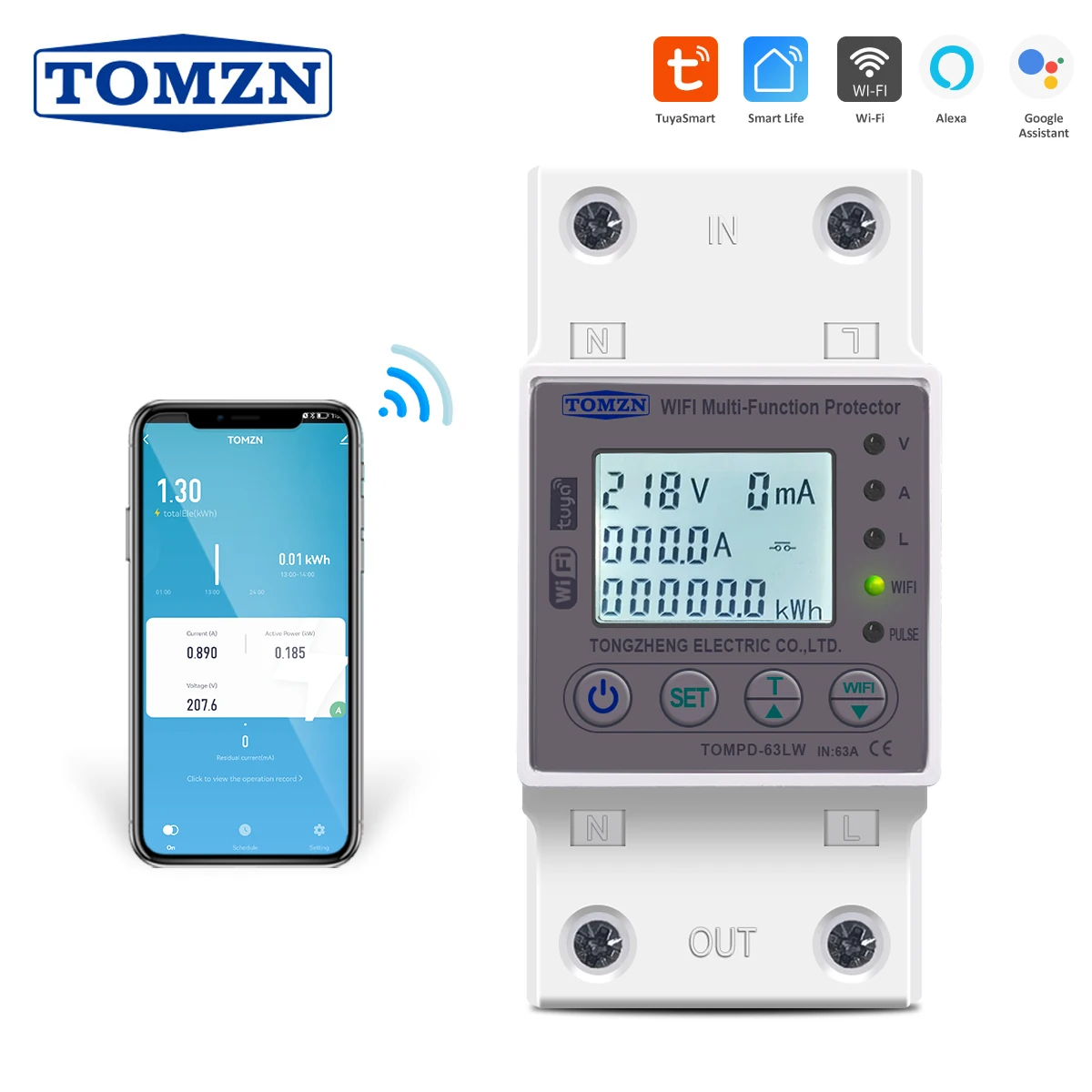 TOMZN 63A WIFI Smart Energy Meter Kwh Metering Circuit Breaker Timer with voltage current and leakage protection TUYA