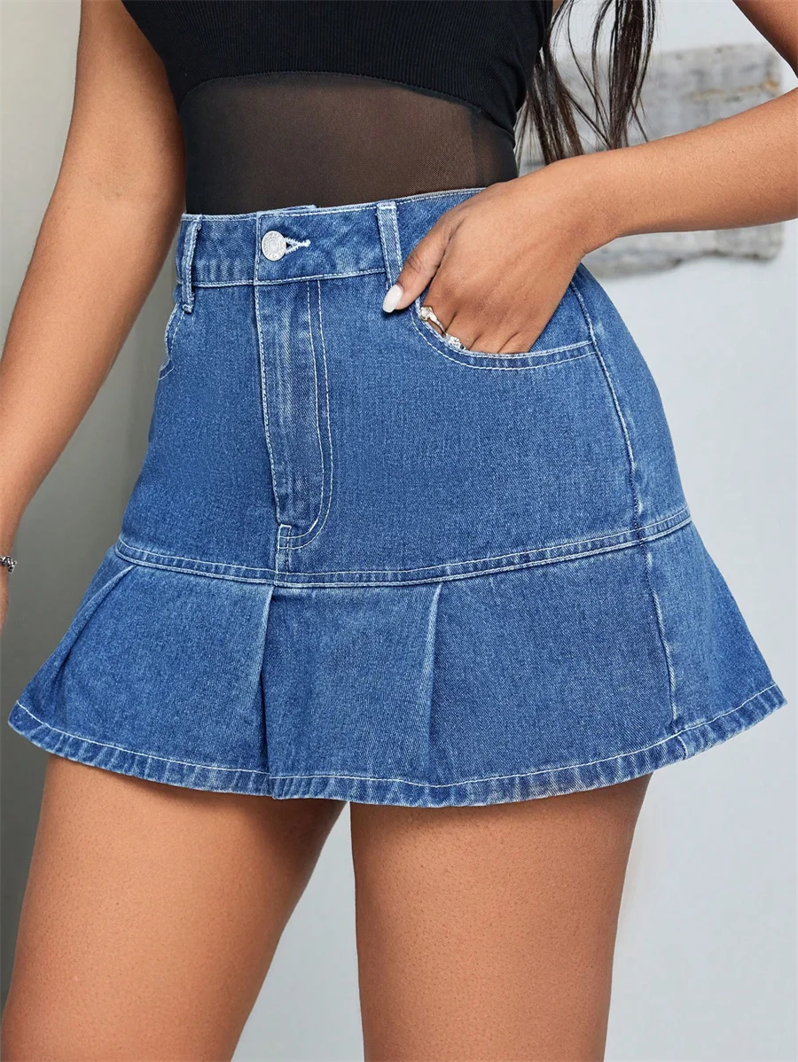 

Benuynffy Streetwear Retro Denim Skirt Women's Summer High Waist Korean Style Pleated Skirts Female Casual A-Line Mini Skirts