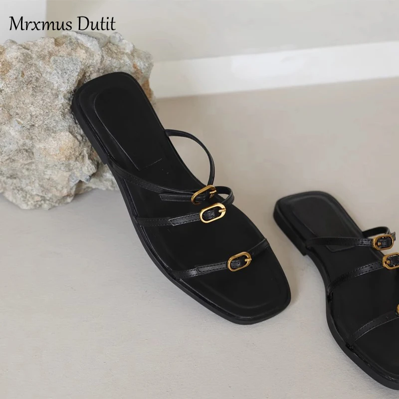 Mrxmus Dutit 2024 New Summer Fashion Genuine Leather Metal Button Flat Slippers Women Sandals Casual Simple Beach Shoes Female