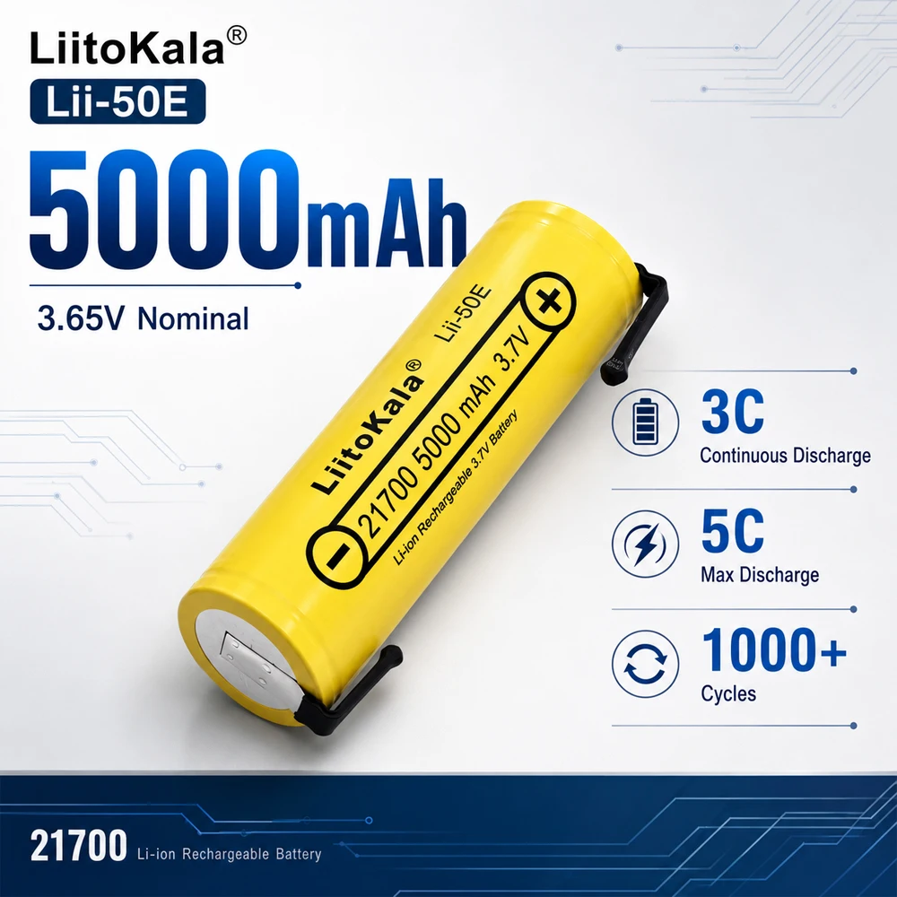 LiitoKala Lii-50E 21700 5000mAh 3.7V Rechargeable Li-ion Battery Cell High Capacity DIY Nickel Tab for Battery Pack E-Bike