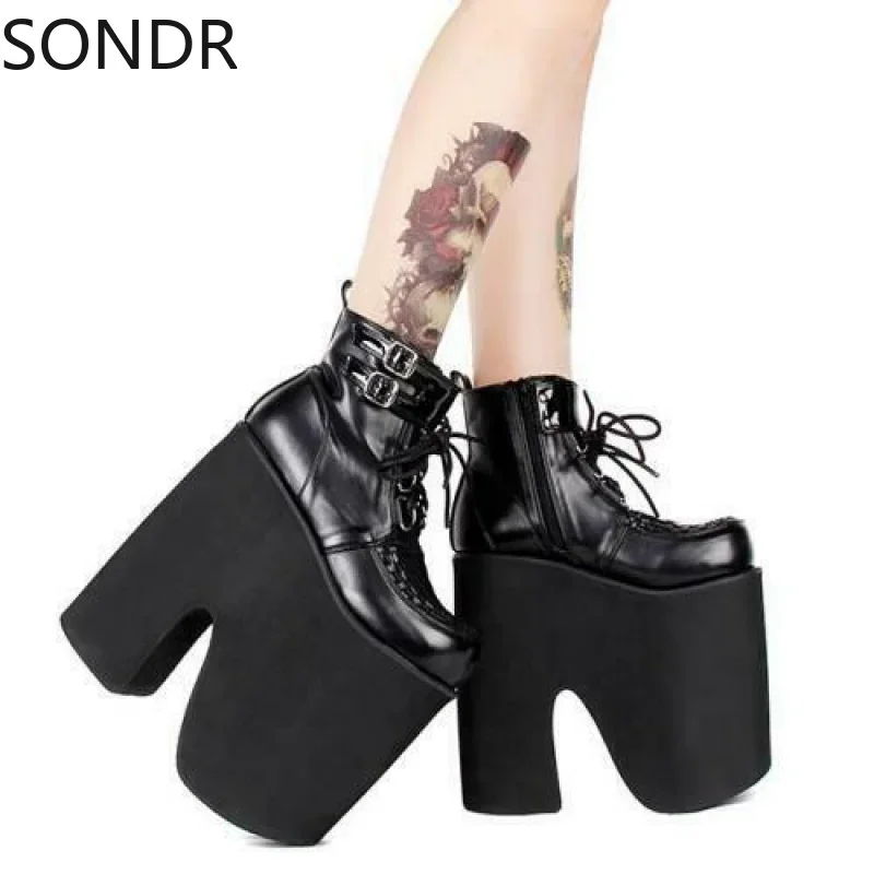 Women Lolita Punk Gothic Chunky 20cm High Heels Lace Up Ankle Boots Cosplay Shoes Creepers Japanese Harajuku Plus Size New 2024