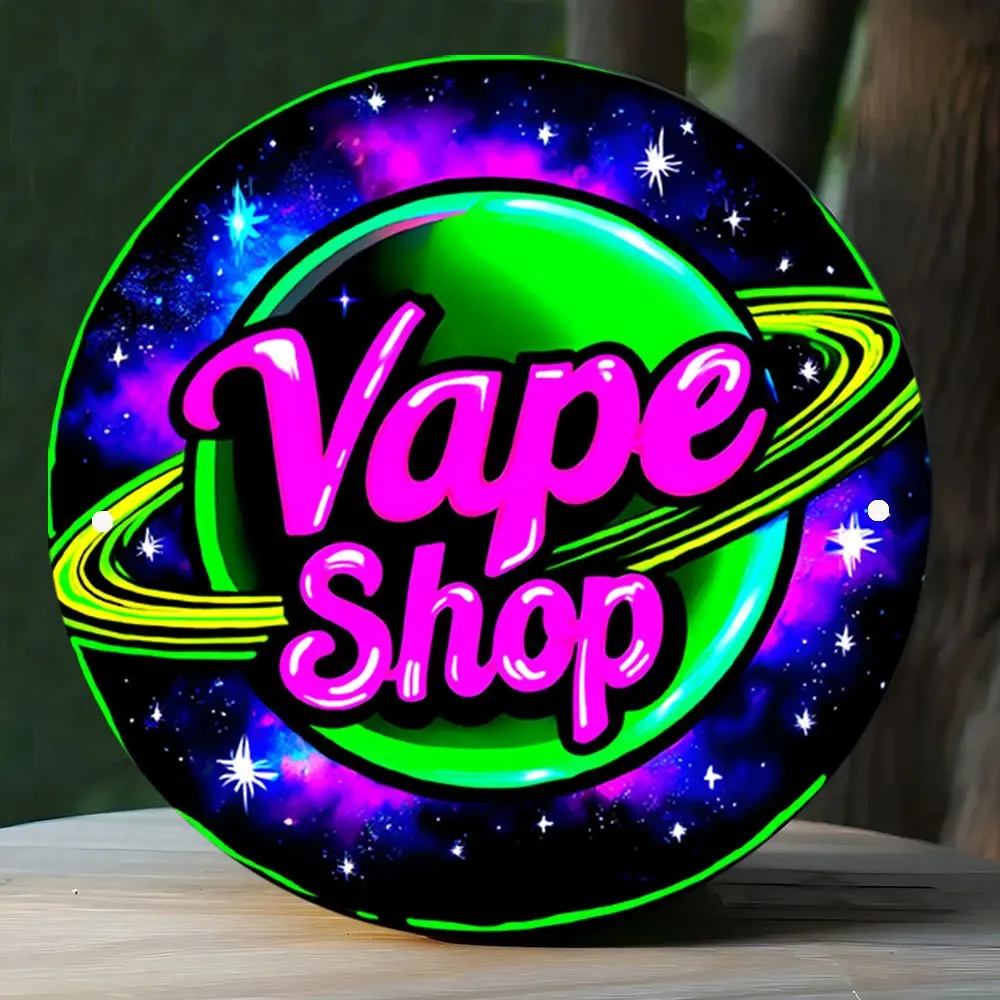 2D Flachdruck 1 Stück Metallschild VAPE SHOP Neonschild - 20cm Rund, Lebhaftes Kosmisches Design mit Planeten & Sternen, Langlebig für Innenräume