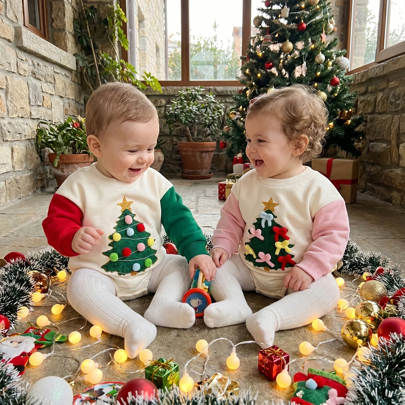 Baby Christmas Romper Christmas Tree Pattern Contrast Color Crew Neck Long Sleeve Sweatshirt Jumpsuit Xmas Bodysuits