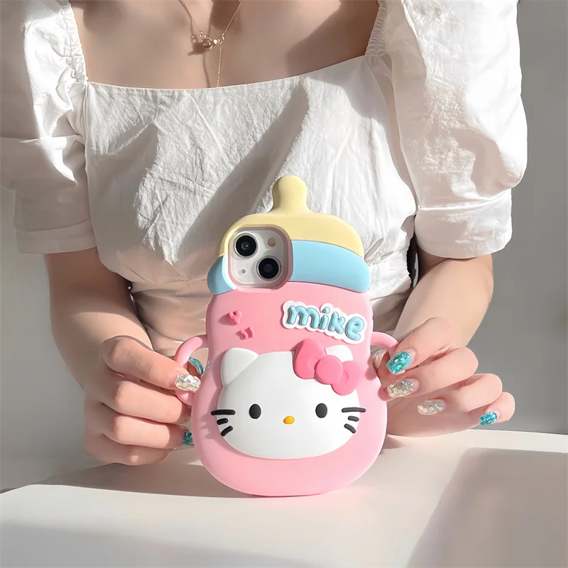 Feeder Hello Kitty feeding bottle Phone Case for iPhone 15 14 13 12 11 Pro Max Sanrio Cat Pink 3D Soft silicone Cover Funda