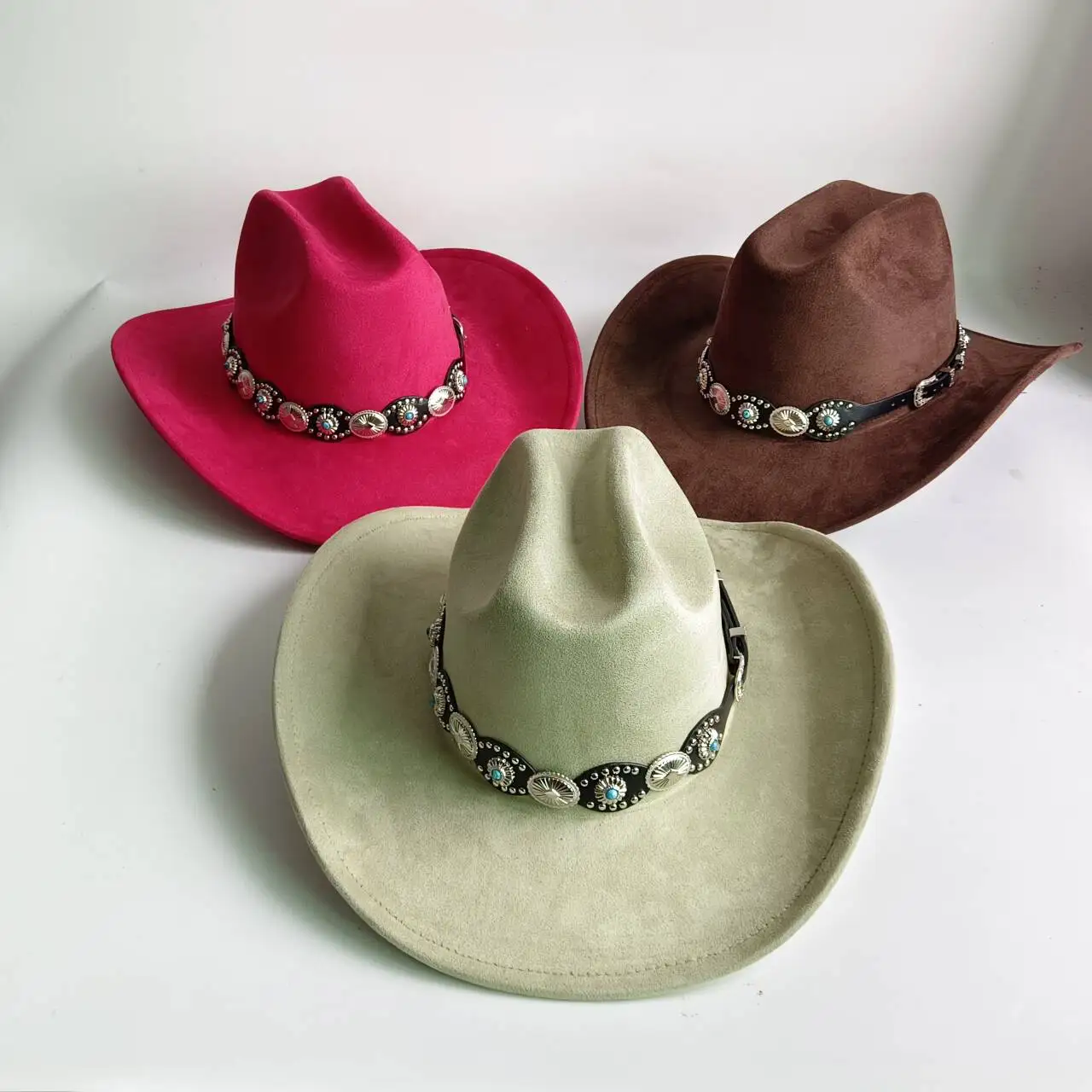 ght Green Suede Western Cowboy Hat Turquoise Silver Concho Hatband Wide Brim Cowgirl Hat Vintage Southwest Rodeo Festival Party