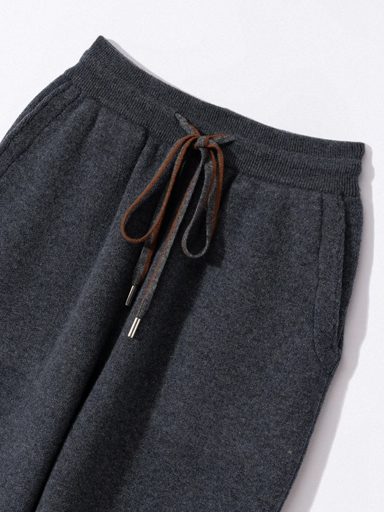 Autumn Winter Men Cashmere Pencil Pants Thicken Contrasting Drawstring Trousers 100% Cashmere Knitted Casual Pocket Simple Pants