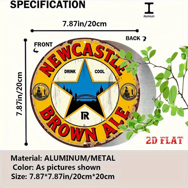 1 قطعة Newcastle Brown Ale Vintage Metal Tin Sign - 19.99 سم لوحة فنية جدارية من الألومنيوم الريفي المستدير مع الطباعة الجريئة وشعار النجمة، Indo