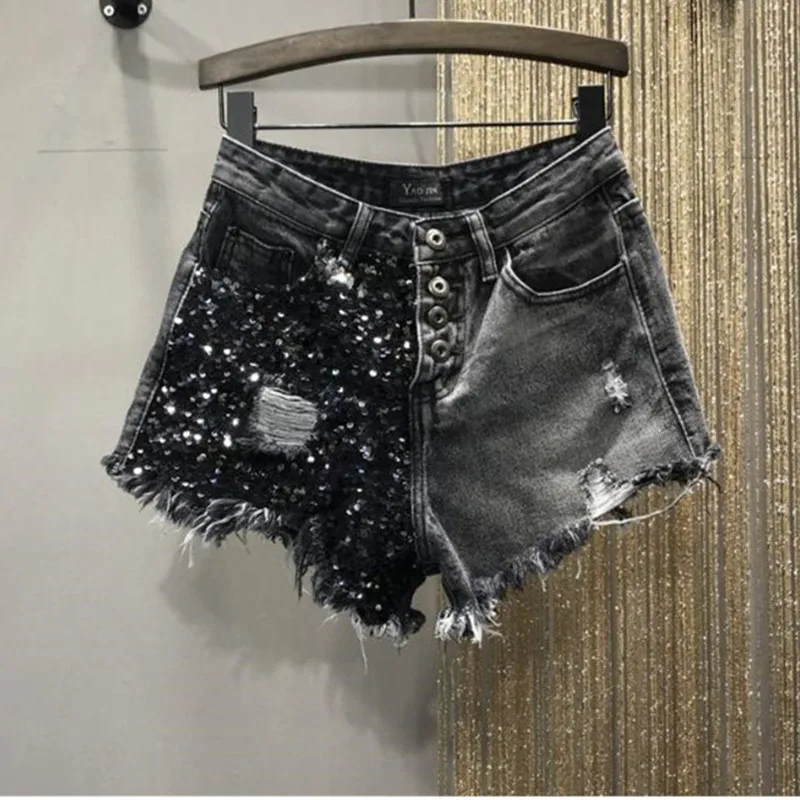 Summer Sequin Denim Shorts Women\'s High Waist Large Size Hole Fashion Patchwork Shorts Girls High Street A-line Hot Pants