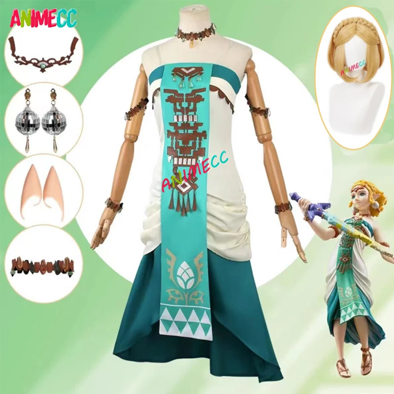 ANIMECC Auf Lager XS-2XL Prinzessin Zelda Cosplay Kleid Perücke Halskette Ohrring Elf Ohr Komplette Sets Halloween Party Outfit für Frau