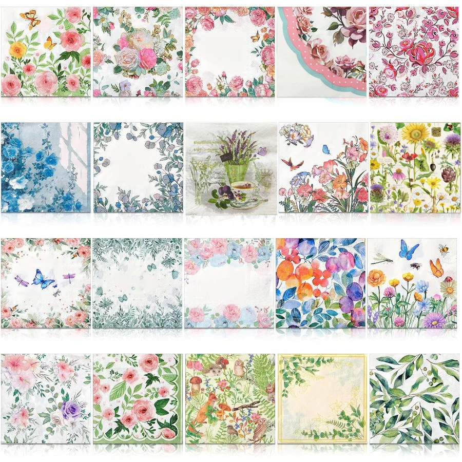 Serviettes en papier pour découpage, 20 pièces, imprimé Rose, lavande, tournesol, papillon, tissu jetable pour bricolage, artisanat, décoration de table pour fête du thé