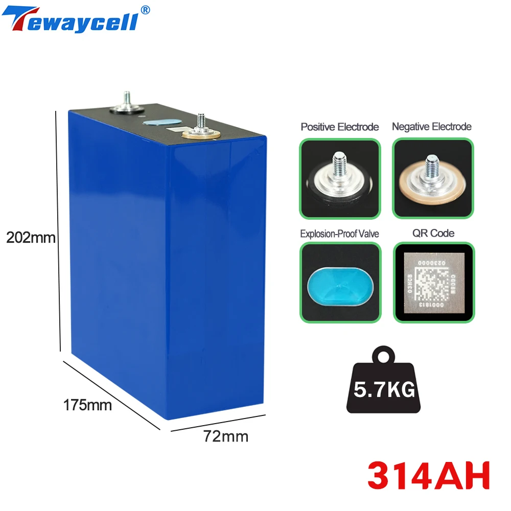 Tewaycell العلامة التجارية الجديدة 314AH 315AH 340AH 3.2V Lifepo4 بطارية الصف أ خلايا 12 فولت 24 فولت 48 فولت بطارية قابلة للشحن للطاقة الشمسية