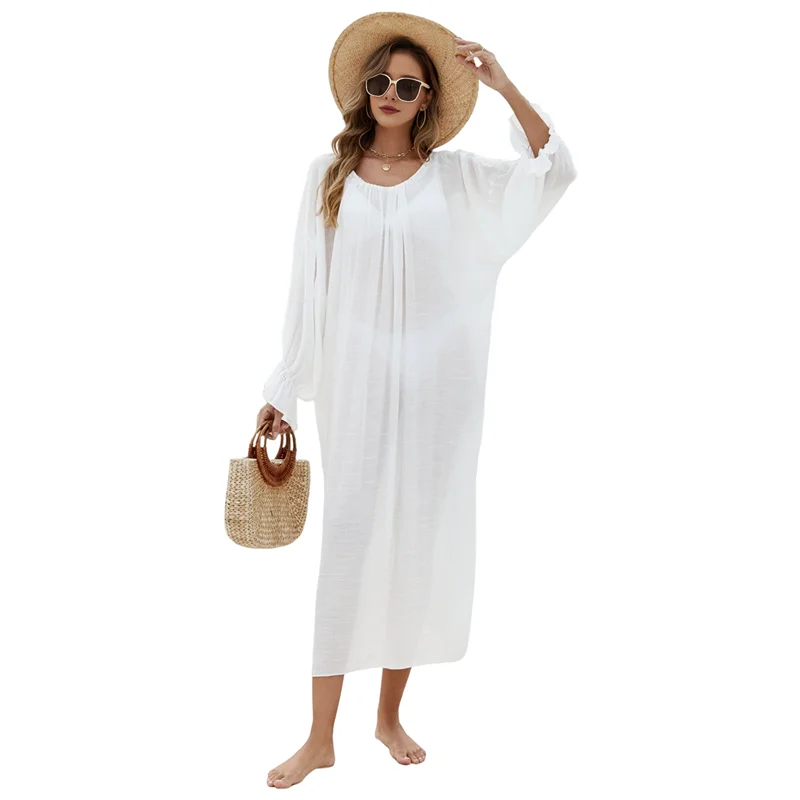 

Women Solid Color Cover Up Crew Neck Backless Plus Size Beach Kaftan Dresses