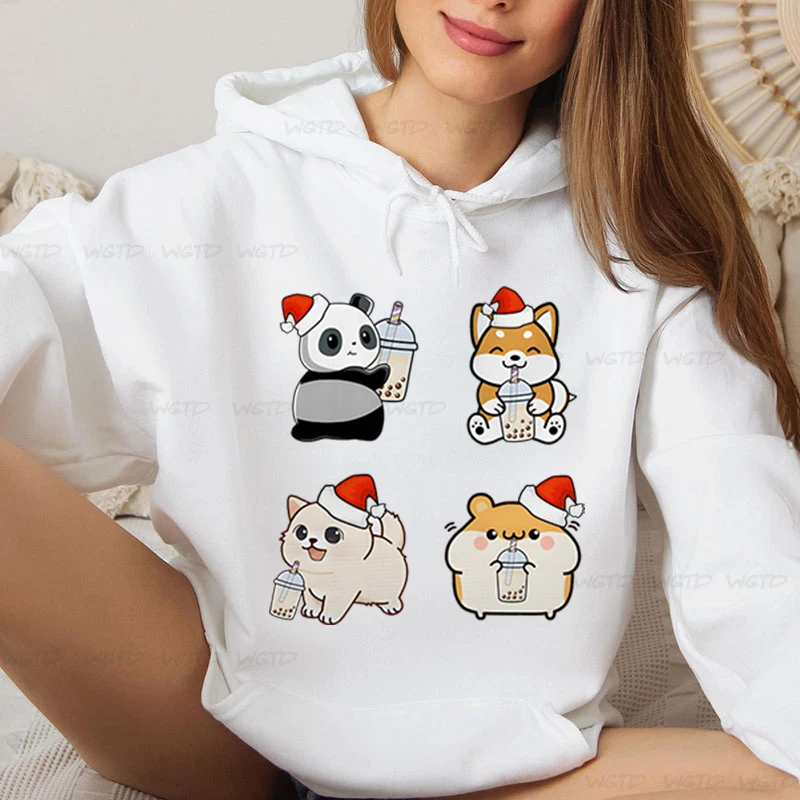 

Woman Clothing New Cartoon Christmas Panda Cat Shiba Inu Bobo Tea Print Sweatshirts Casual Long Sleeve Fashion Xmas Women Hoodie